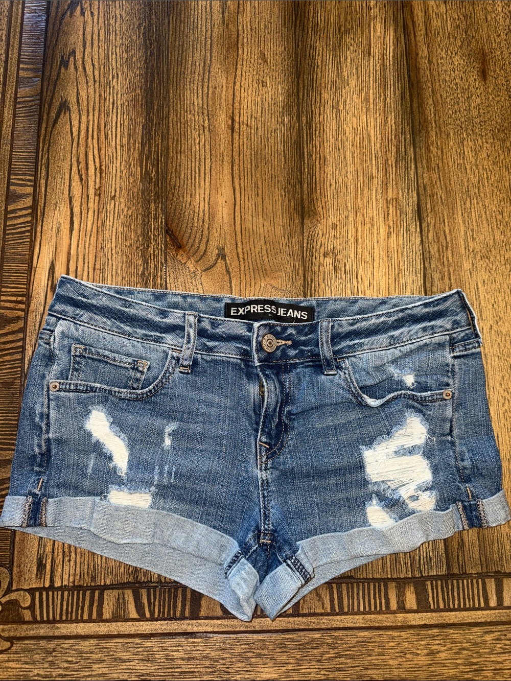 Express Distressed Rolled-Hem Denim Shorts in Blue